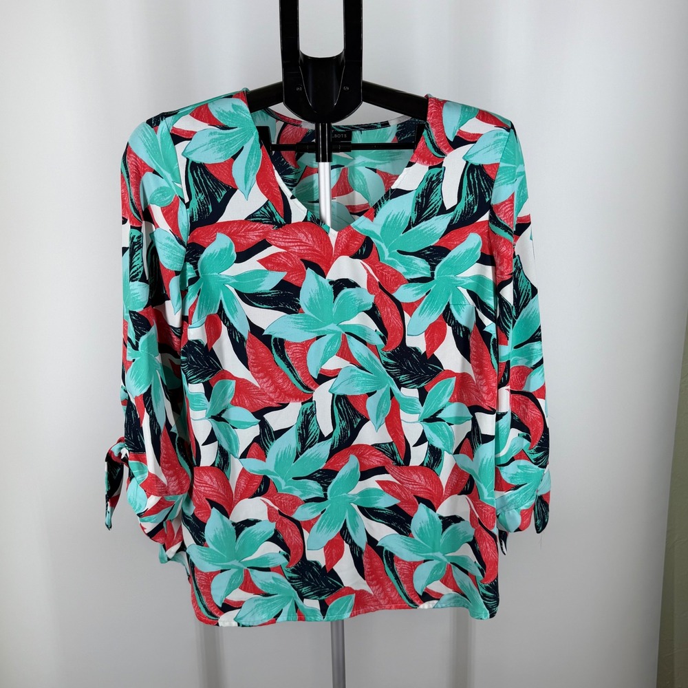 Talbots Womens Tropical Floral V-Neck‎ Blouse Turquoise Coral Tie Sleeve M
